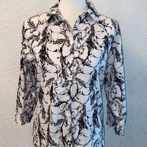 Tahari Horses Equestrian White Black Button Shirt Sz s
